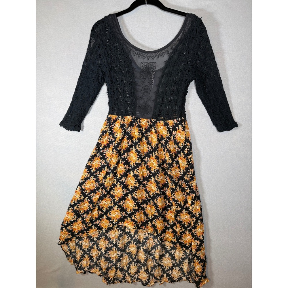 Free People Lace Floral High Low Dress Black Orange Boho Embroidered Size 6